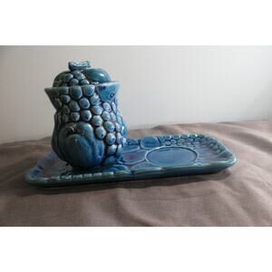 Vintage Inarco Indigo Blue Fruit Embossed Condiment Jar w/Tray E3322